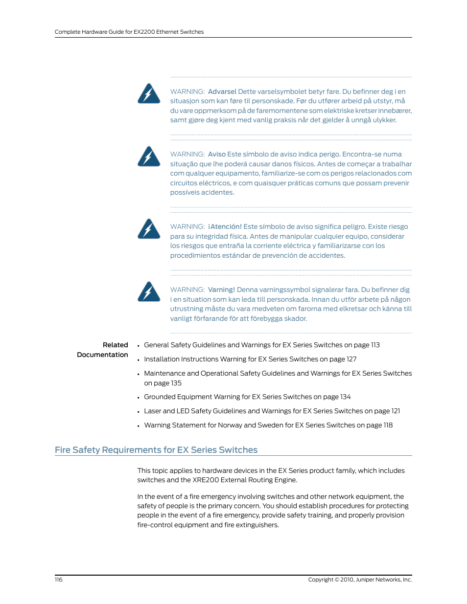 Fire safety requirements for ex series switches | Juniper Networks EX2200 User Manual | Page 136 / 176