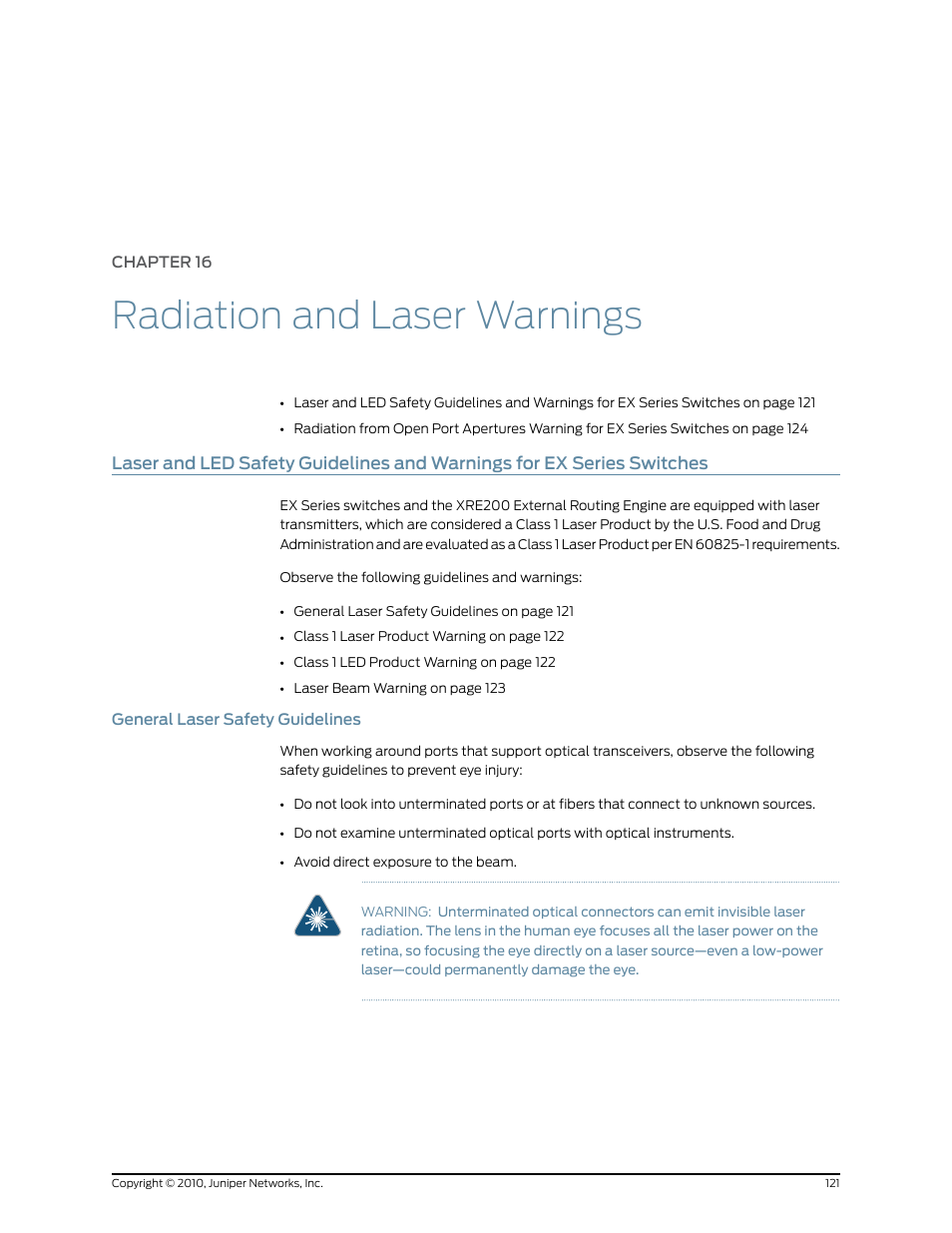 Chapter 16: radiation and laser warnings, General laser safety guidelines, Chapter 16 | Radiation and laser warnings | Juniper Networks EX2200 User Manual | Page 141 / 176