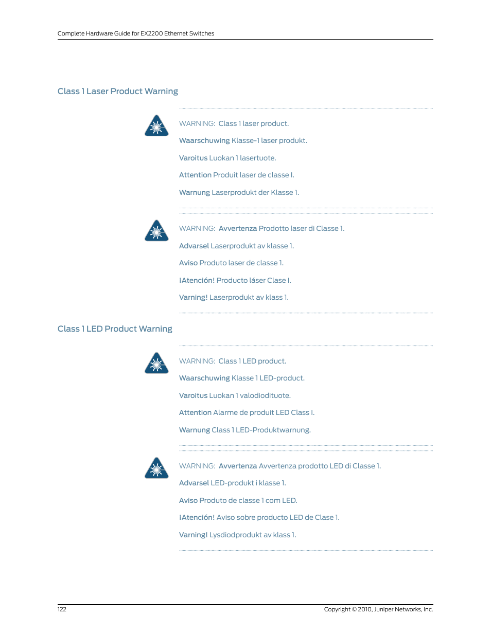 Class 1 laser product warning, Class 1 led product warning, 122 class 1 led product warning | Juniper Networks EX2200 User Manual | Page 142 / 176