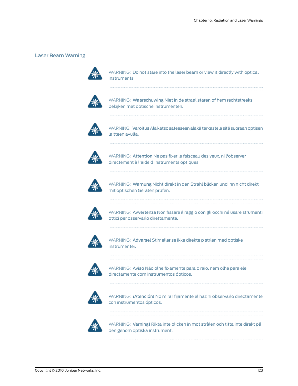 Laser beam warning | Juniper Networks EX2200 User Manual | Page 143 / 176