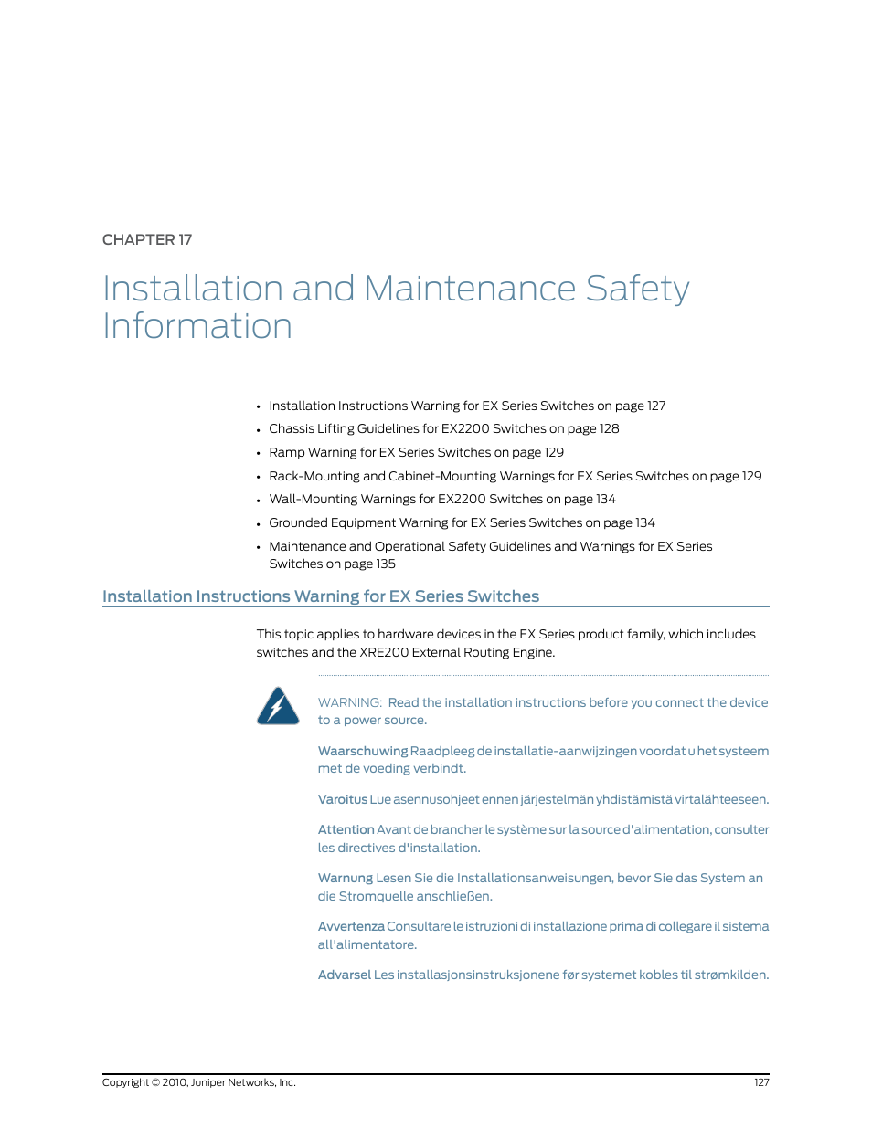 Chapter 17, Installation and maintenance safety information | Juniper Networks EX2200 User Manual | Page 147 / 176