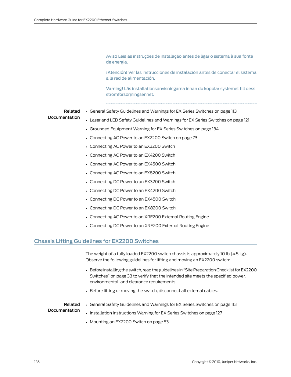 Chassis lifting guidelines for ex2200 switches | Juniper Networks EX2200 User Manual | Page 148 / 176