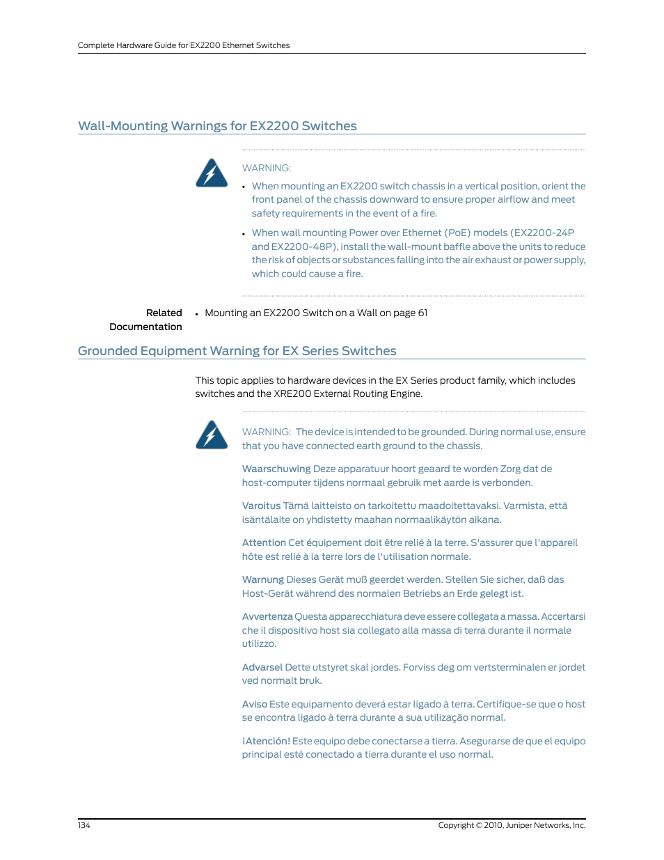 Wall-mounting warnings for ex2200 switches, Grounded equipment warning for ex series switches | Juniper Networks EX2200 User Manual | Page 154 / 176