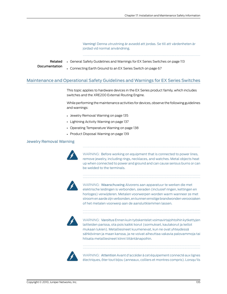 Jewelry removal warning, Switches, 135 jewelry removal warning | Juniper Networks EX2200 User Manual | Page 155 / 176