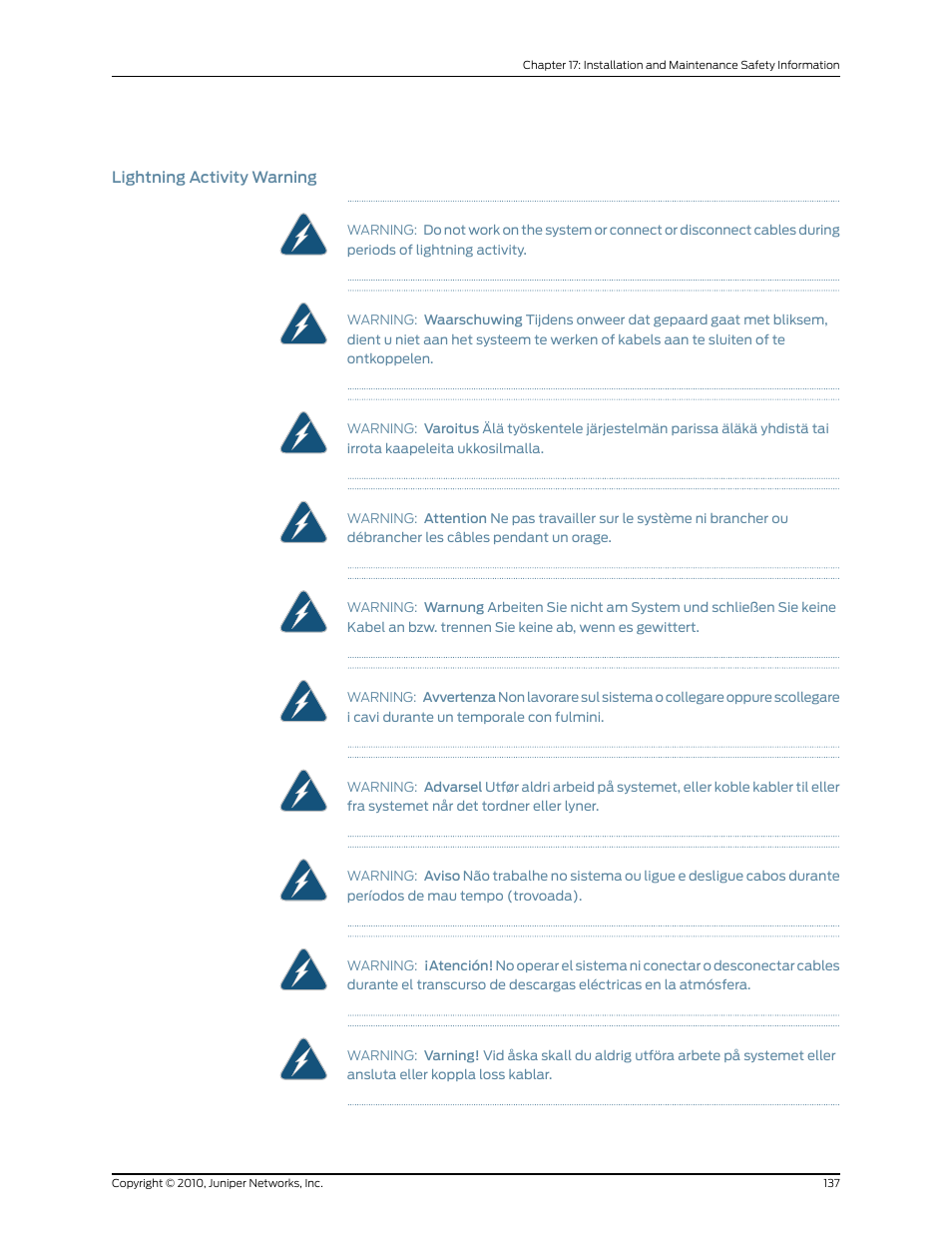Lightning activity warning | Juniper Networks EX2200 User Manual | Page 157 / 176