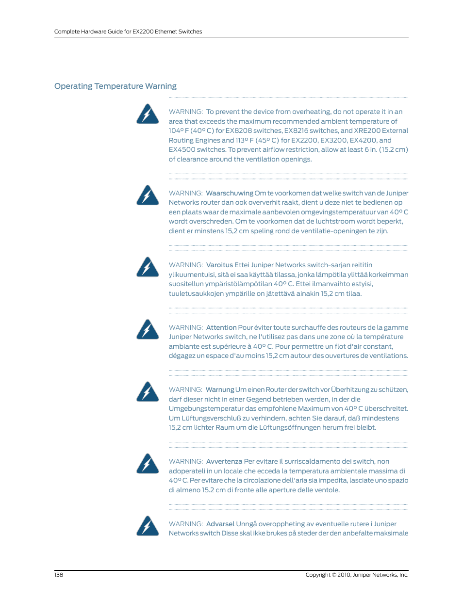 Operating temperature warning | Juniper Networks EX2200 User Manual | Page 158 / 176