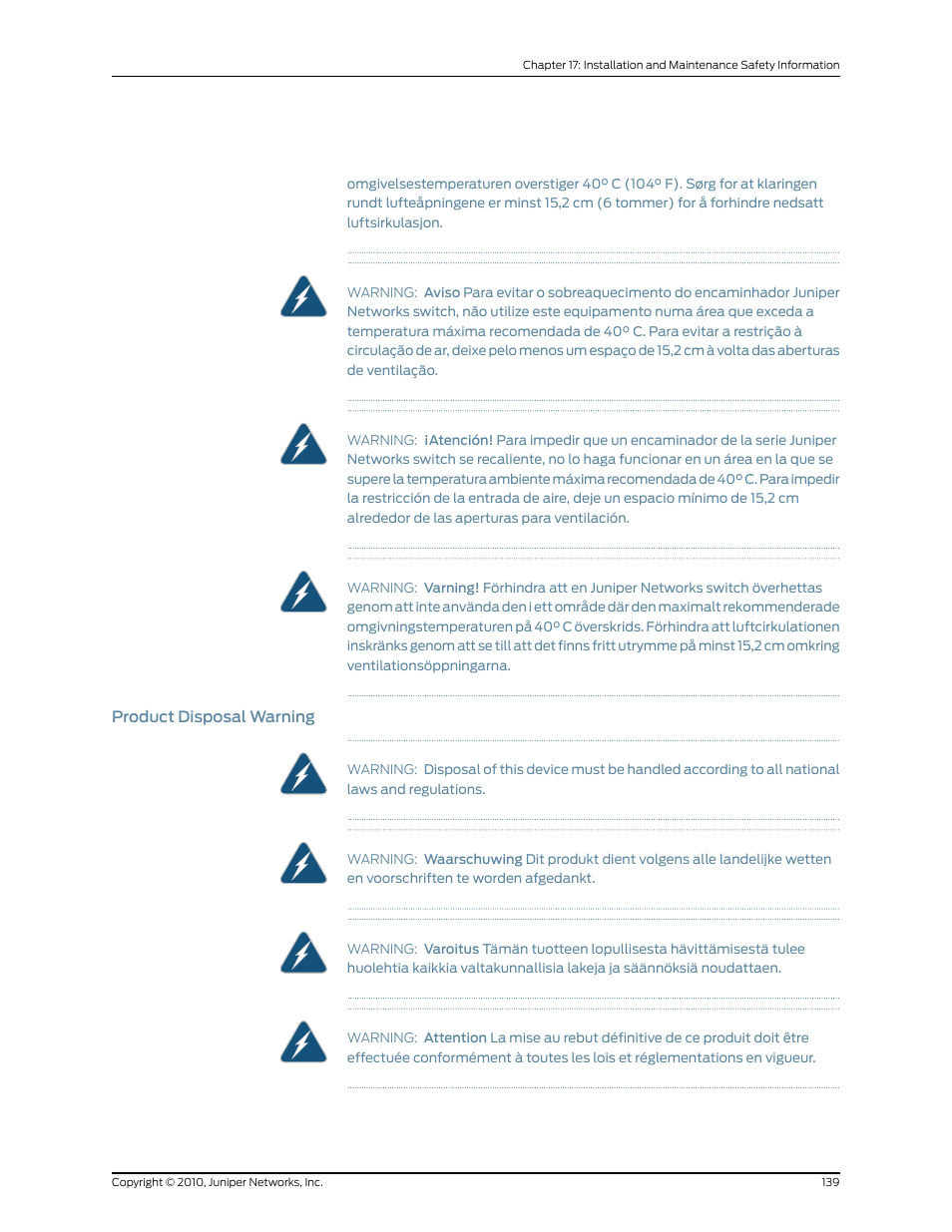 Product disposal warning | Juniper Networks EX2200 User Manual | Page 159 / 176