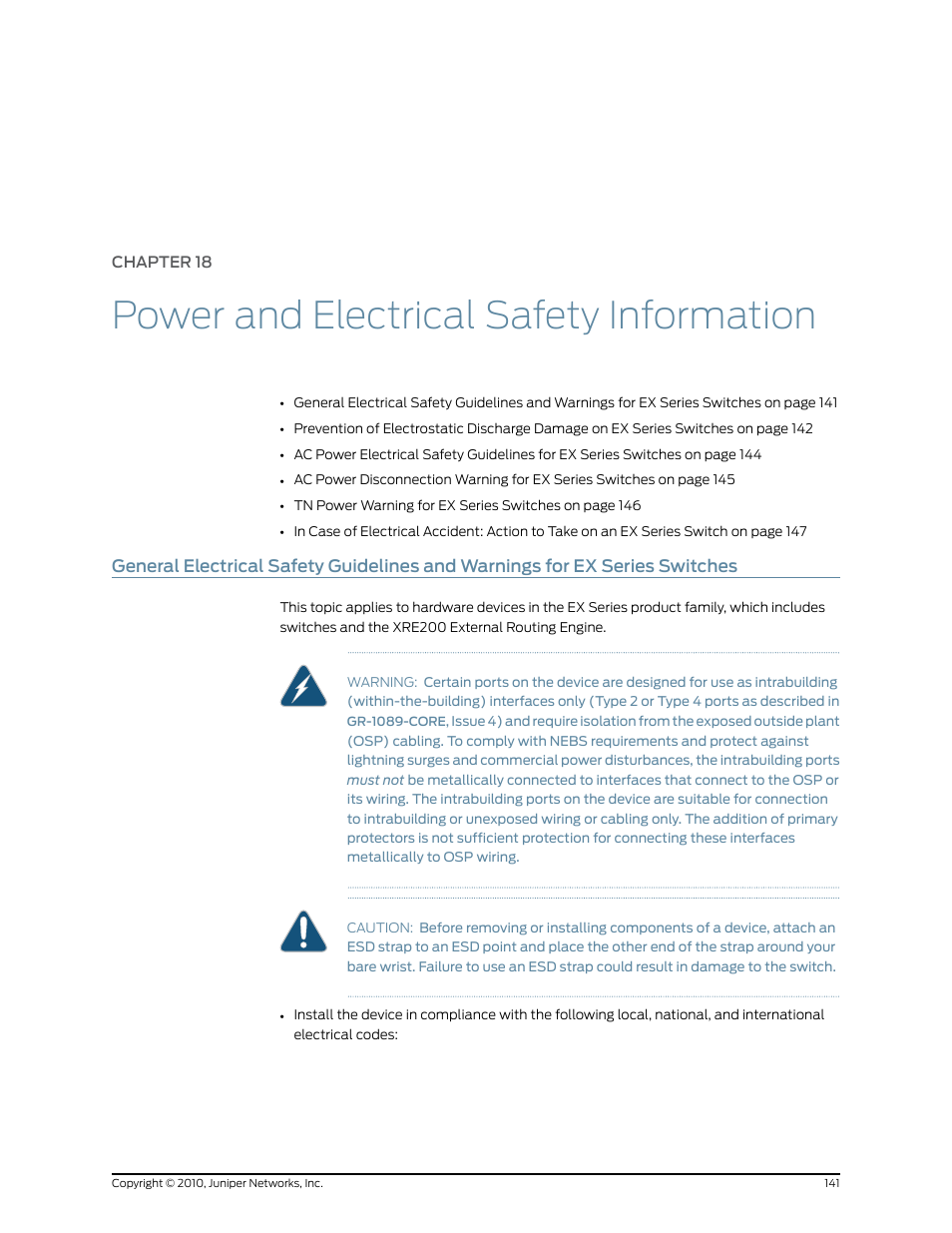 Chapter 18, Power and electrical safety information | Juniper Networks EX2200 User Manual | Page 161 / 176