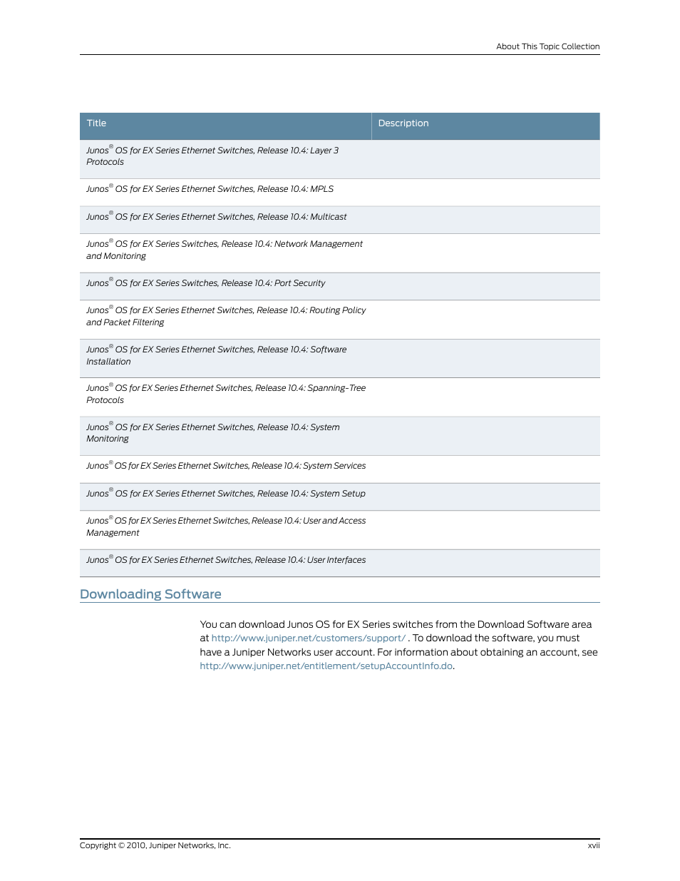 Downloading software, Xvii | Juniper Networks EX2200 User Manual | Page 17 / 176