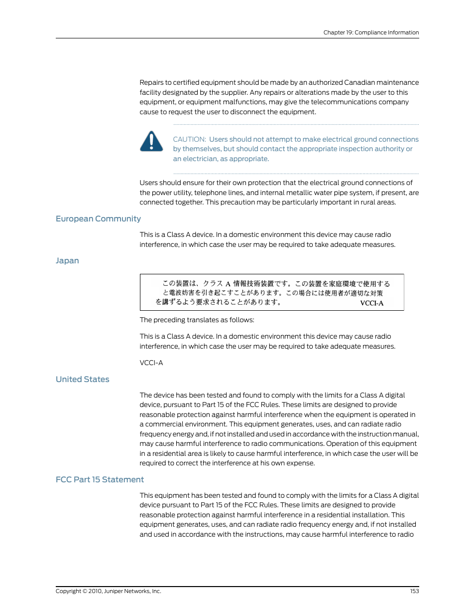 European community, Japan, United states | Fcc part 15 statement, 153 japan, 153 united states, 153 fcc part 15 statement | Juniper Networks EX2200 User Manual | Page 173 / 176