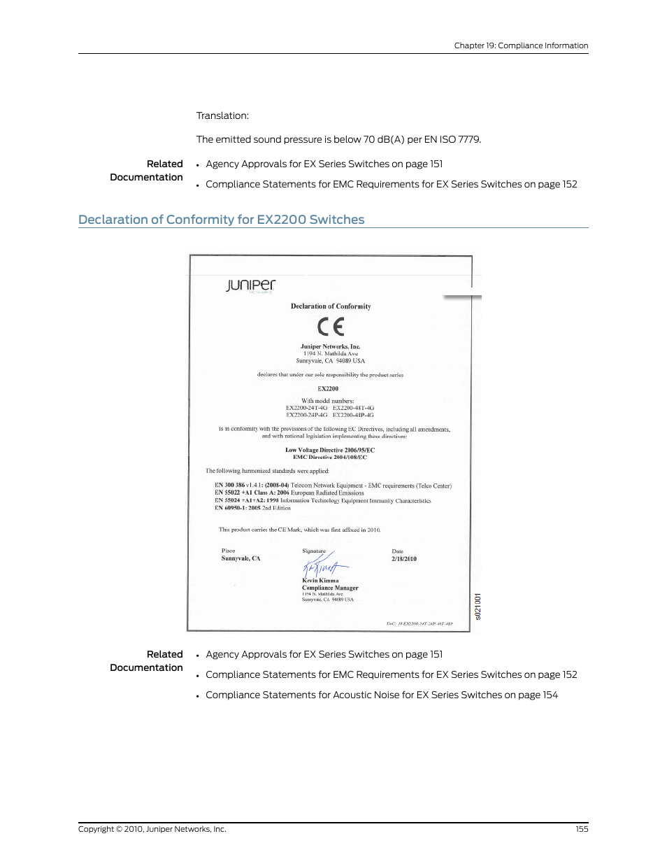 Declaration of conformity for ex2200 switches | Juniper Networks EX2200 User Manual | Page 175 / 176