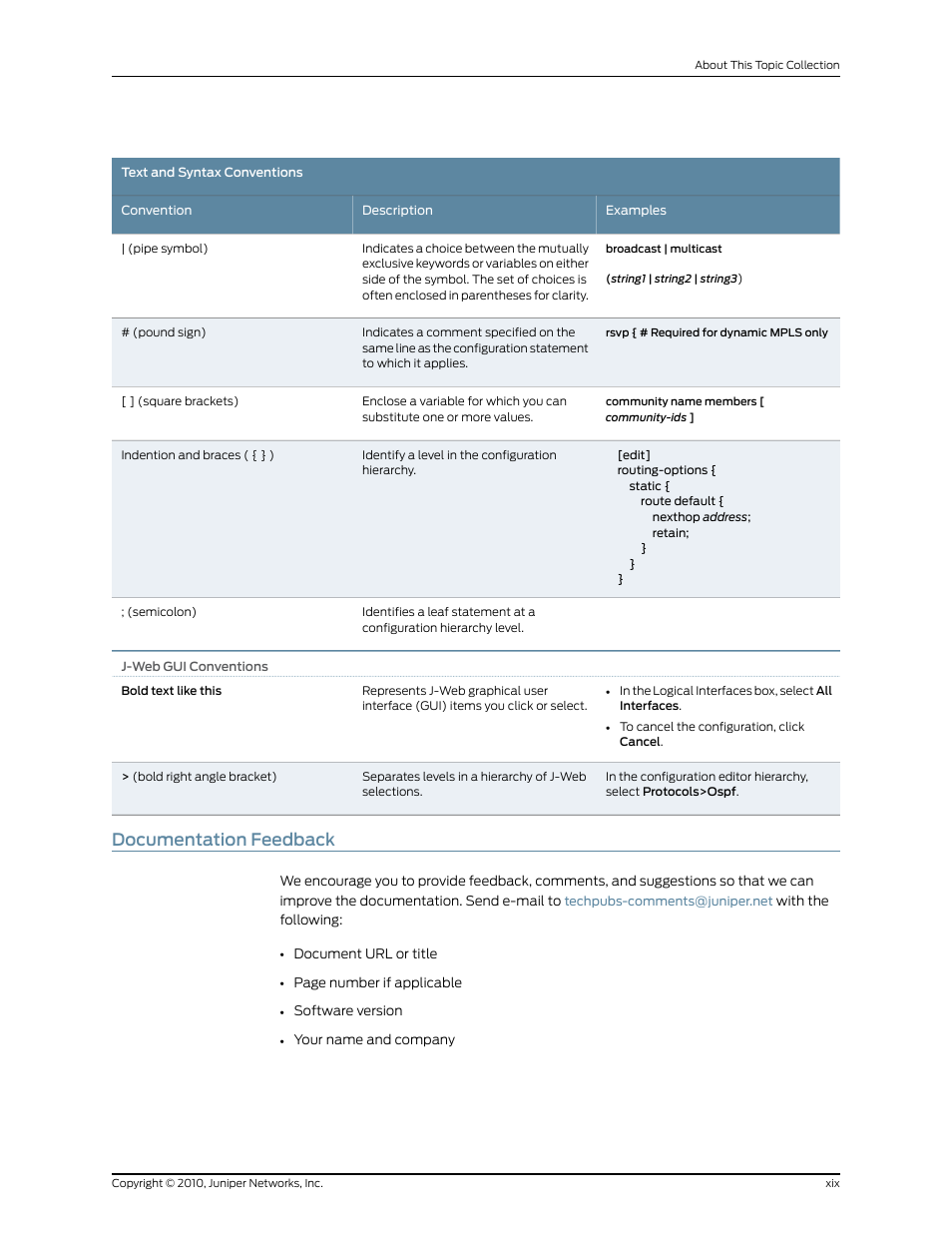 Documentation feedback | Juniper Networks EX2200 User Manual | Page 19 / 176