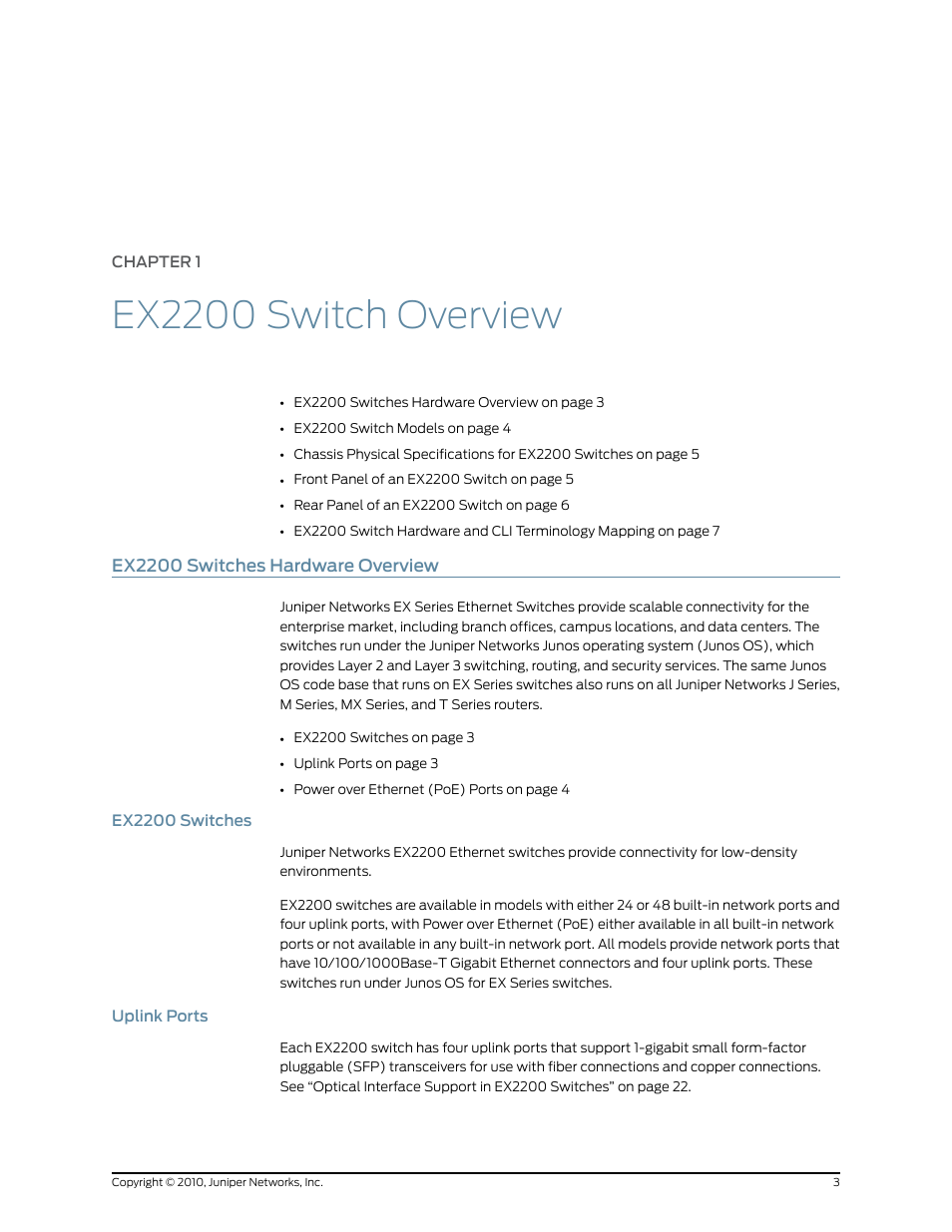 Chapter 1: ex2200 switch overview, Ex2200 switches hardware overview, Ex2200 switches | Uplink ports, Chapter 1, Ex2200 switch overview, 3 uplink ports | Juniper Networks EX2200 User Manual | Page 23 / 176