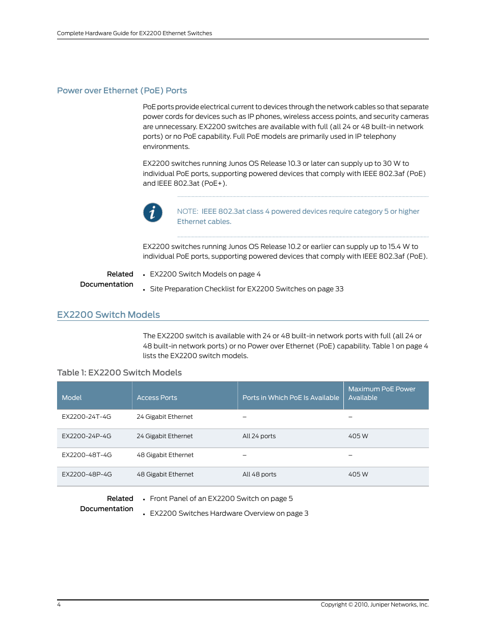 Power over ethernet (poe) ports, Ex2200 switch models, Table 1: ex2200 switch models | Juniper Networks EX2200 User Manual | Page 24 / 176