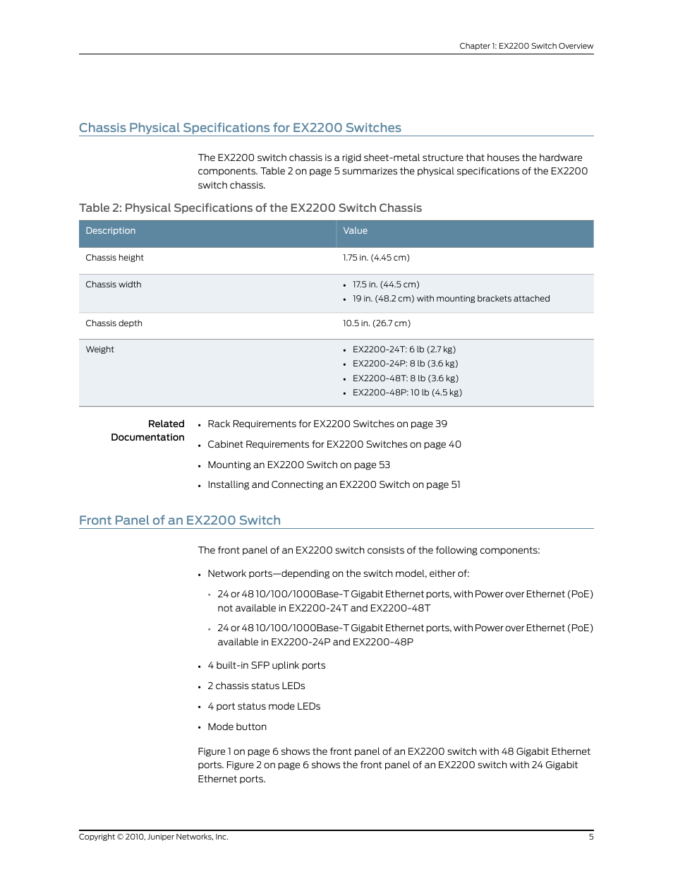 Front panel of an ex2200 switch, 5 front panel of an ex2200 switch | Juniper Networks EX2200 User Manual | Page 25 / 176