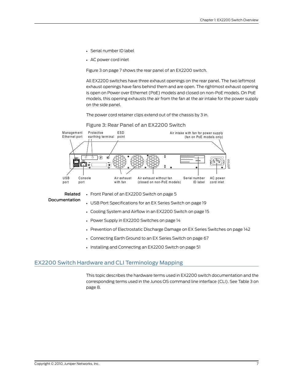 Ex2200 switch hardware and cli terminology mapping, Figure 3: rear panel of an ex2200 switch | Juniper Networks EX2200 User Manual | Page 27 / 176