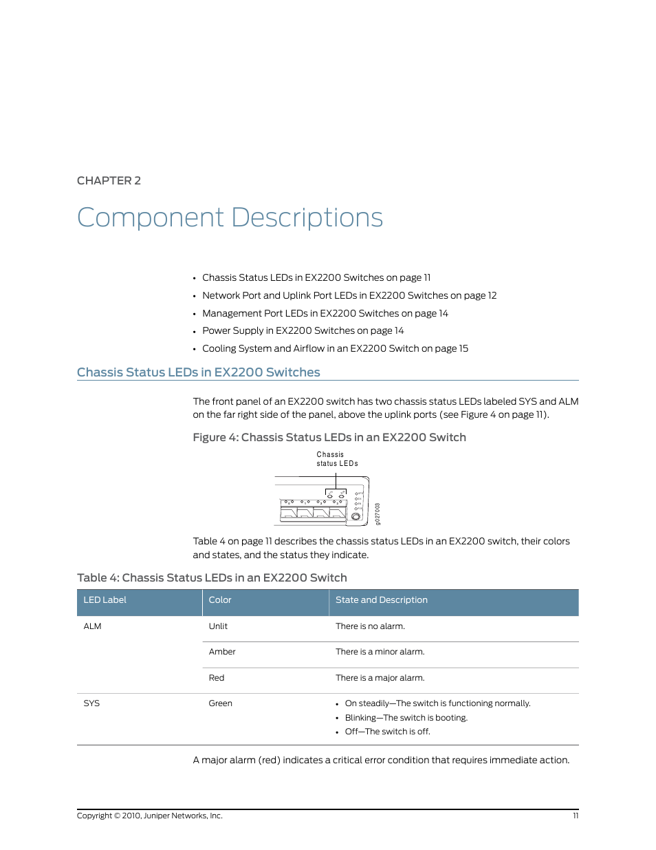 Chapter 2: component descriptions, Chassis status leds in ex2200 switches, Chapter 2 | Component descriptions, Figure 4: chassis status leds in an ex2200 switch, Table 4: chassis status leds in an ex2200 switch | Juniper Networks EX2200 User Manual | Page 31 / 176