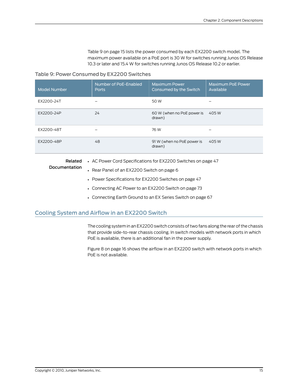 Cooling system and airflow in an ex2200 switch, Table 9: power consumed by ex2200 switches | Juniper Networks EX2200 User Manual | Page 35 / 176