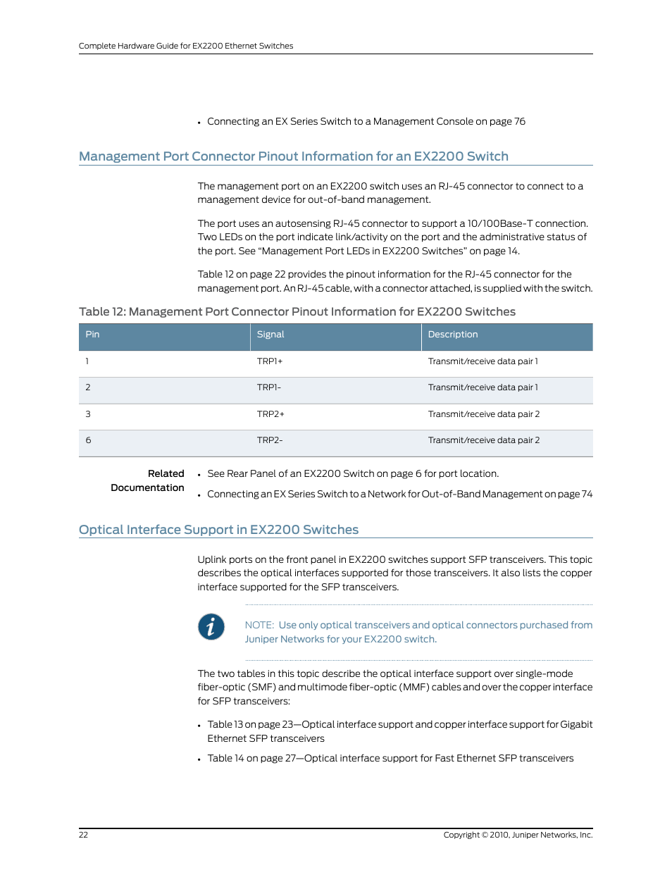 Optical interface support in ex2200 switches, 22 optical interface support in ex2200 switches, Switches | Juniper Networks EX2200 User Manual | Page 42 / 176