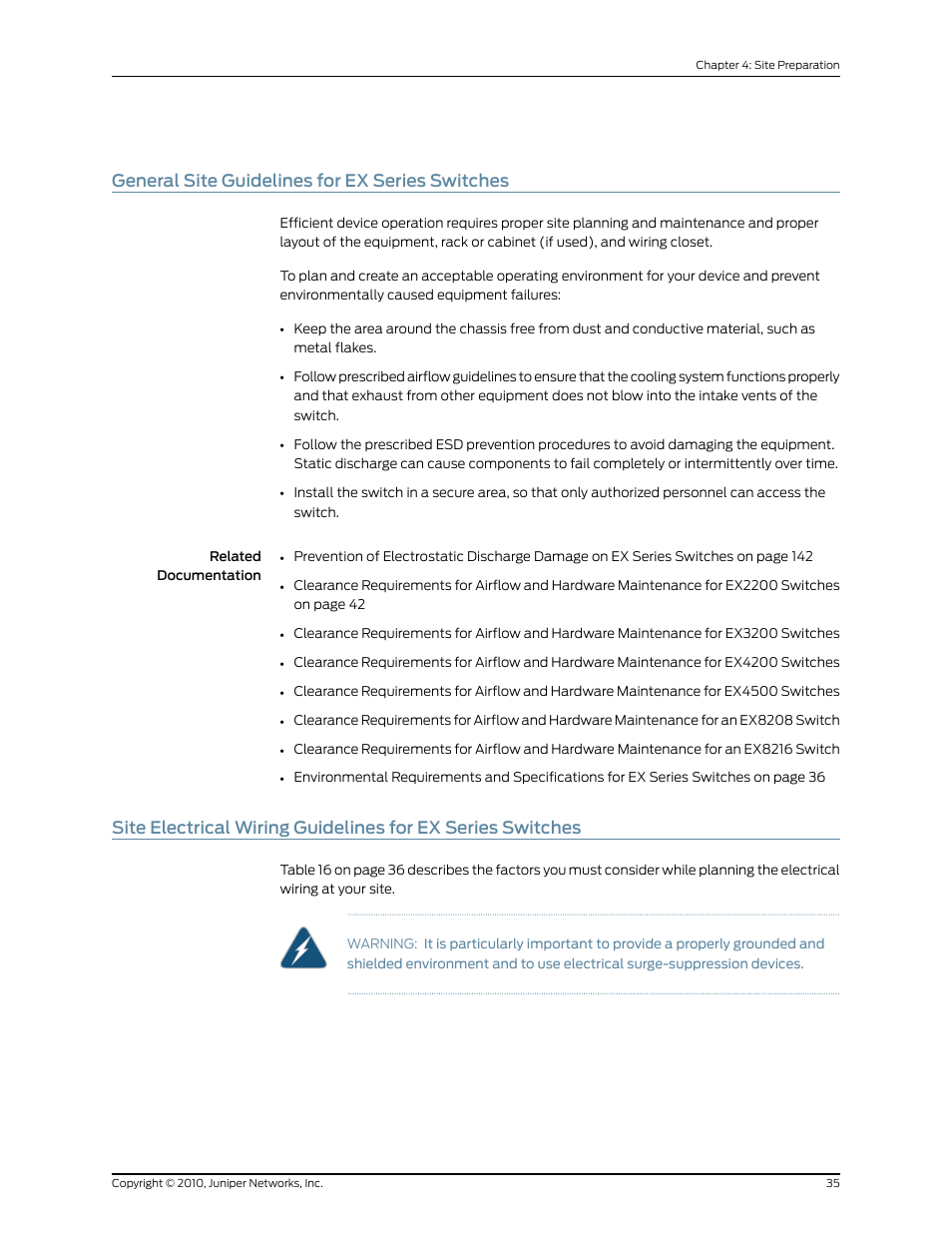 General site guidelines for ex series switches | Juniper Networks EX2200 User Manual | Page 55 / 176