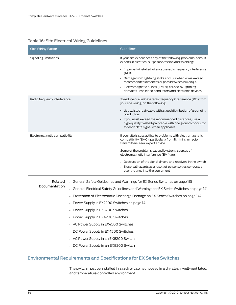 Table 16: site electrical wiring guidelines | Juniper Networks EX2200 User Manual | Page 56 / 176