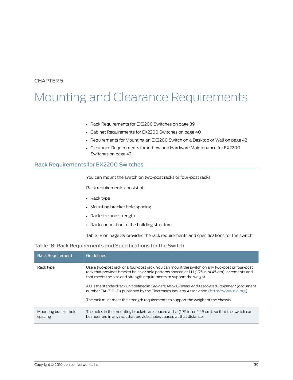 Chapter 5: mounting and clearance requirements, Rack requirements for ex2200 switches, Chapter 5 | Mounting and clearance requirements | Juniper Networks EX2200 User Manual | Page 59 / 176