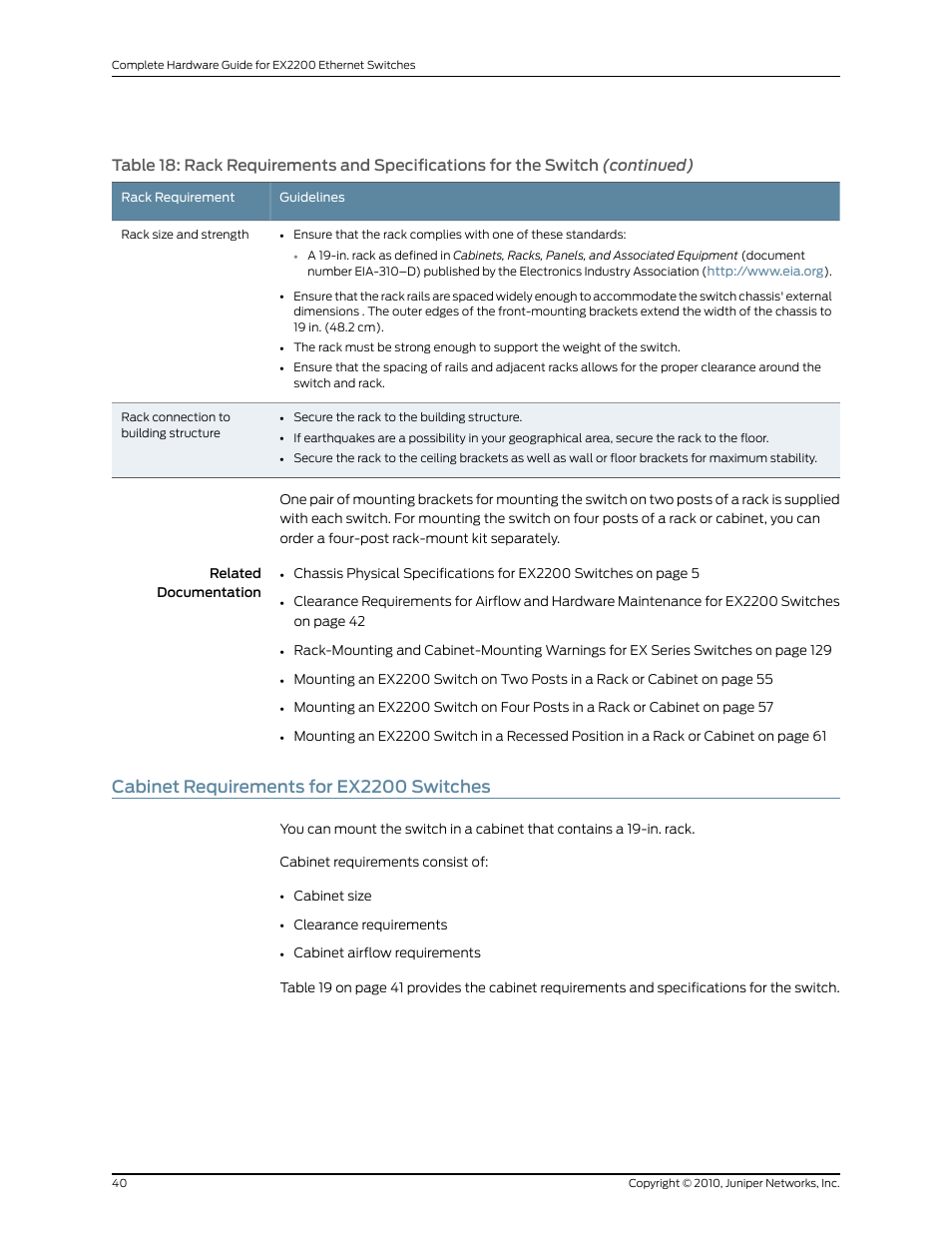 Cabinet requirements for ex2200 switches | Juniper Networks EX2200 User Manual | Page 60 / 176