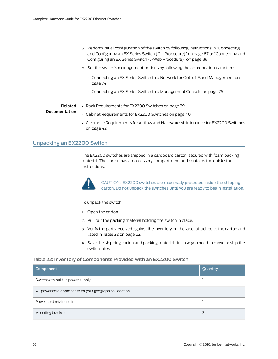 Unpacking an ex2200 switch | Juniper Networks EX2200 User Manual | Page 72 / 176