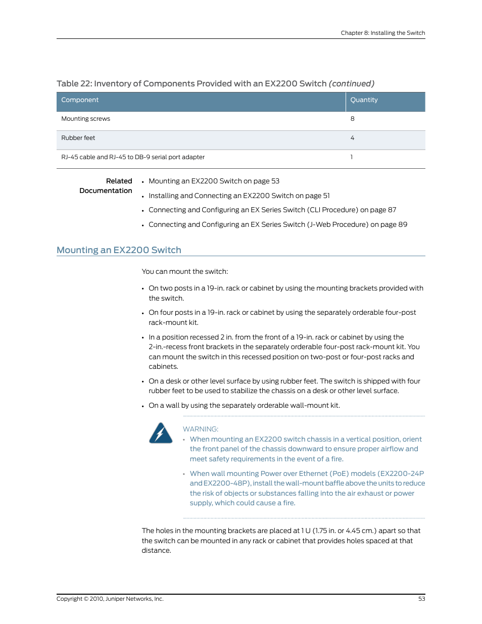 Mounting an ex2200 switch | Juniper Networks EX2200 User Manual | Page 73 / 176