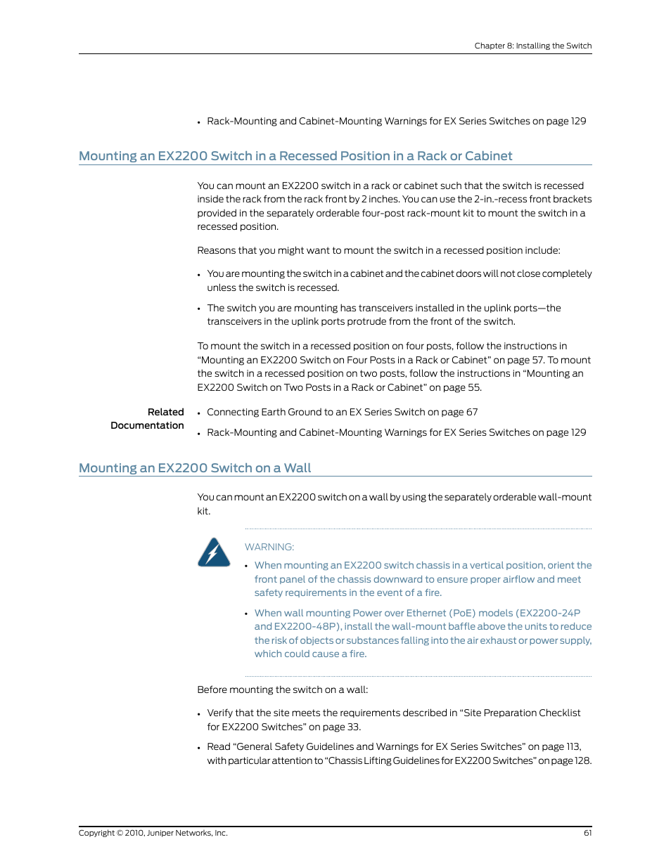 Mounting an ex2200 switch on a wall, 61 mounting an ex2200 switch on a wall | Juniper Networks EX2200 User Manual | Page 81 / 176
