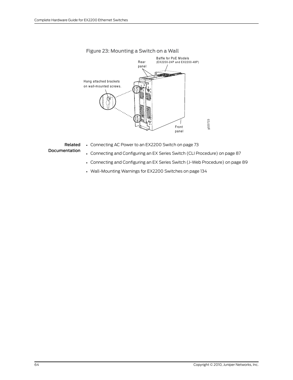 Figure 23: mounting a switch on a wall | Juniper Networks EX2200 User Manual | Page 84 / 176