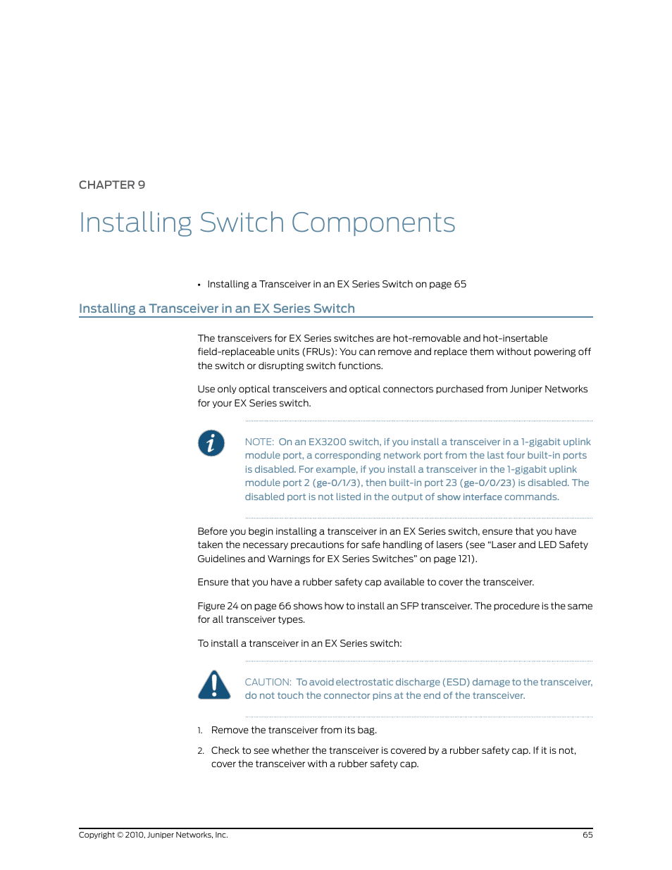 Chapter 9: installing switch components, Installing a transceiver in an ex series switch, Chapter 9 | Installing switch components | Juniper Networks EX2200 User Manual | Page 85 / 176