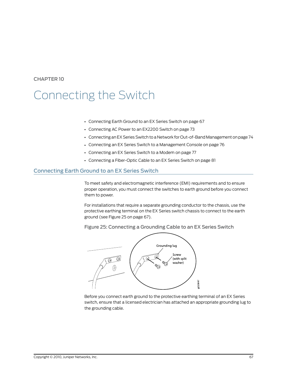 Chapter 10: connecting the switch, Connecting earth ground to an ex series switch, Chapter 10 | Connecting the switch | Juniper Networks EX2200 User Manual | Page 87 / 176