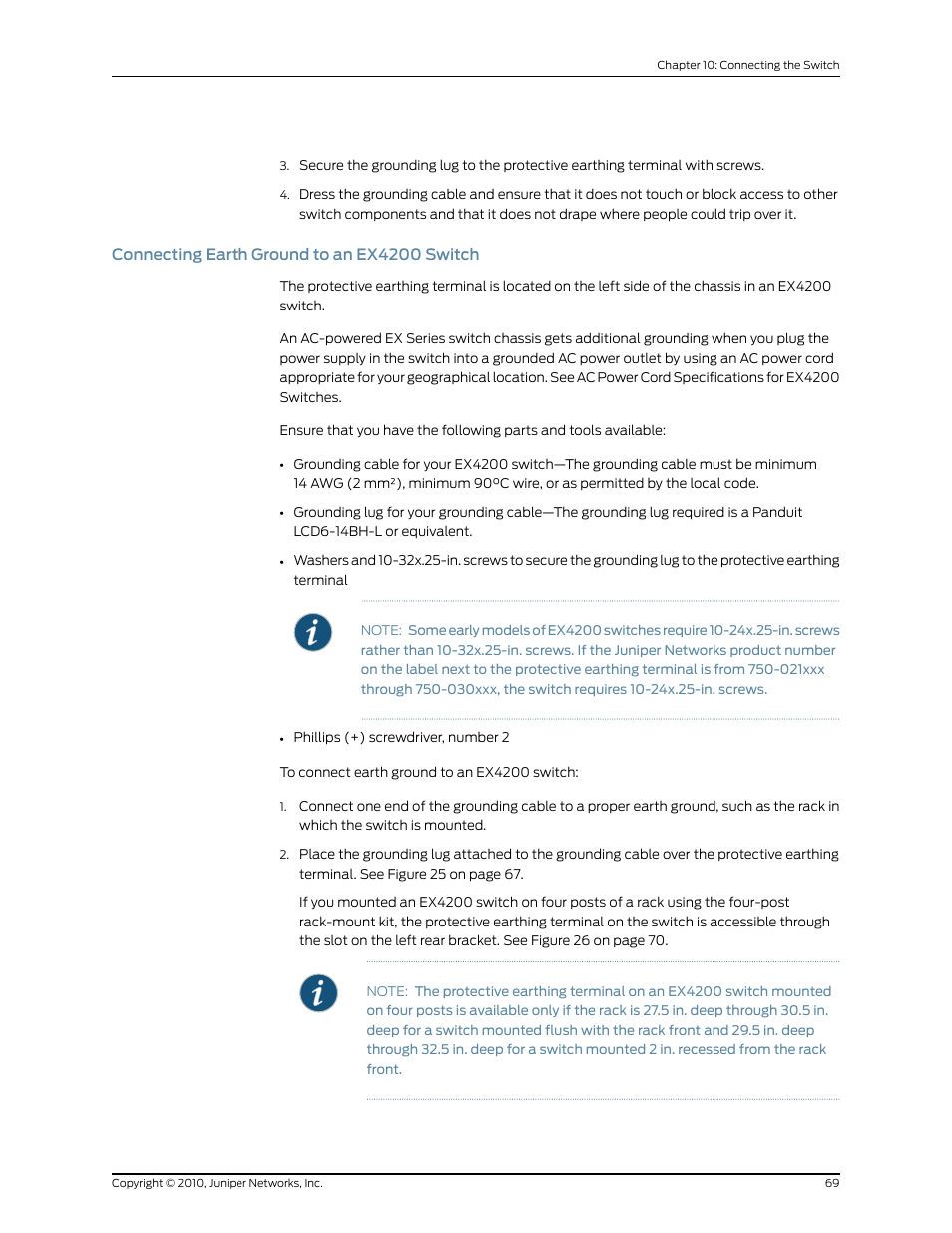 Connecting earth ground to an ex4200 switch | Juniper Networks EX2200 User Manual | Page 89 / 176