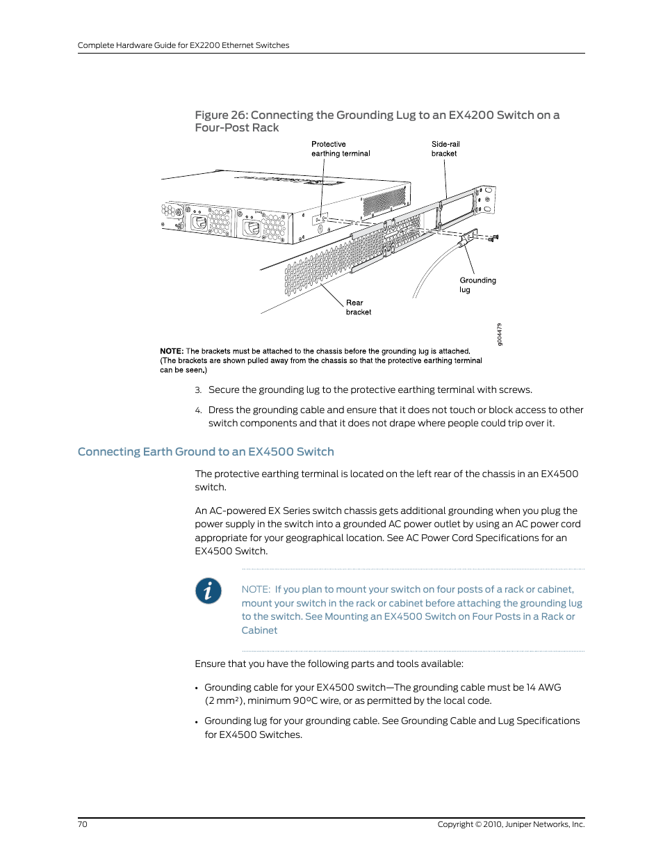 Connecting earth ground to an ex4500 switch, Rack | Juniper Networks EX2200 User Manual | Page 90 / 176