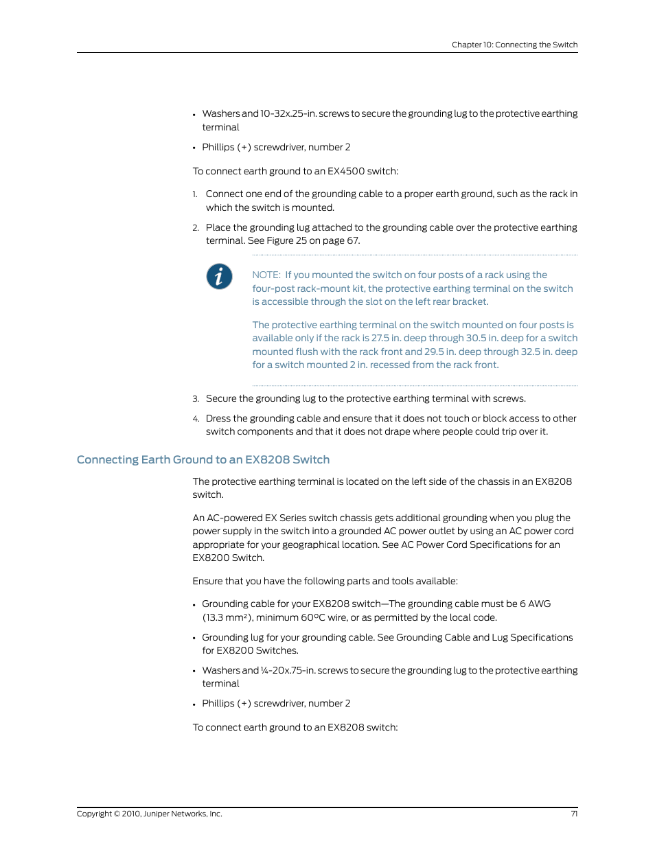 Connecting earth ground to an ex8208 switch | Juniper Networks EX2200 User Manual | Page 91 / 176