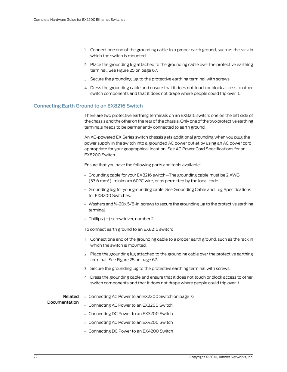 Connecting earth ground to an ex8216 switch | Juniper Networks EX2200 User Manual | Page 92 / 176