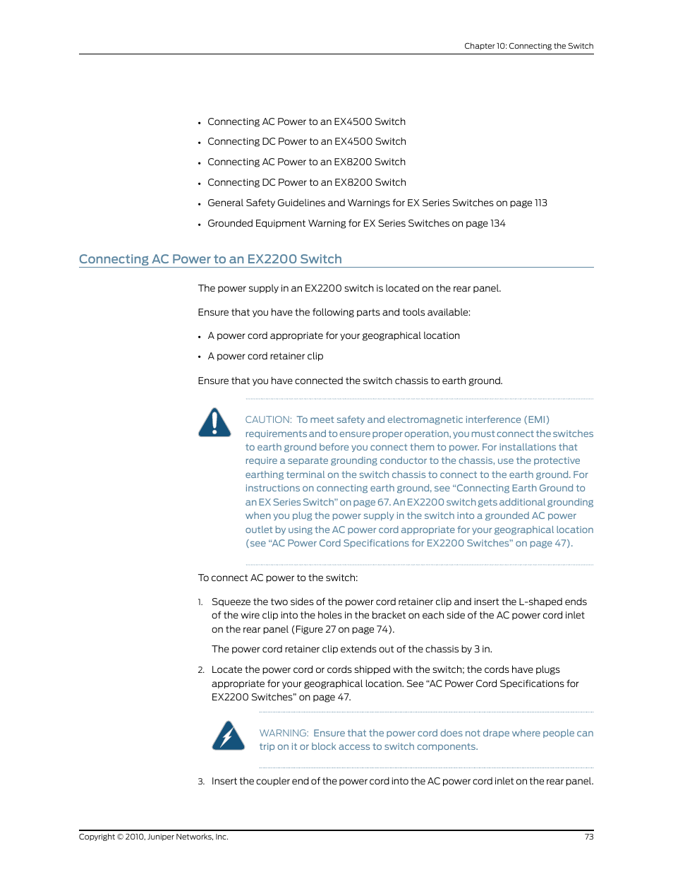 Connecting ac power to an ex2200 switch | Juniper Networks EX2200 User Manual | Page 93 / 176