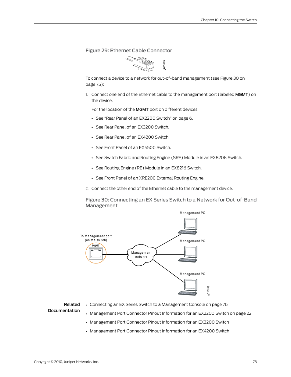 Figure 29: ethernet cable connector, Management | Juniper Networks EX2200 User Manual | Page 95 / 176