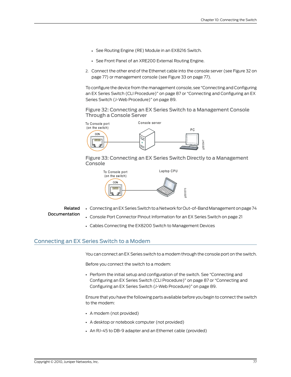 Connecting an ex series switch to a modem, A console server, Console | Juniper Networks EX2200 User Manual | Page 97 / 176