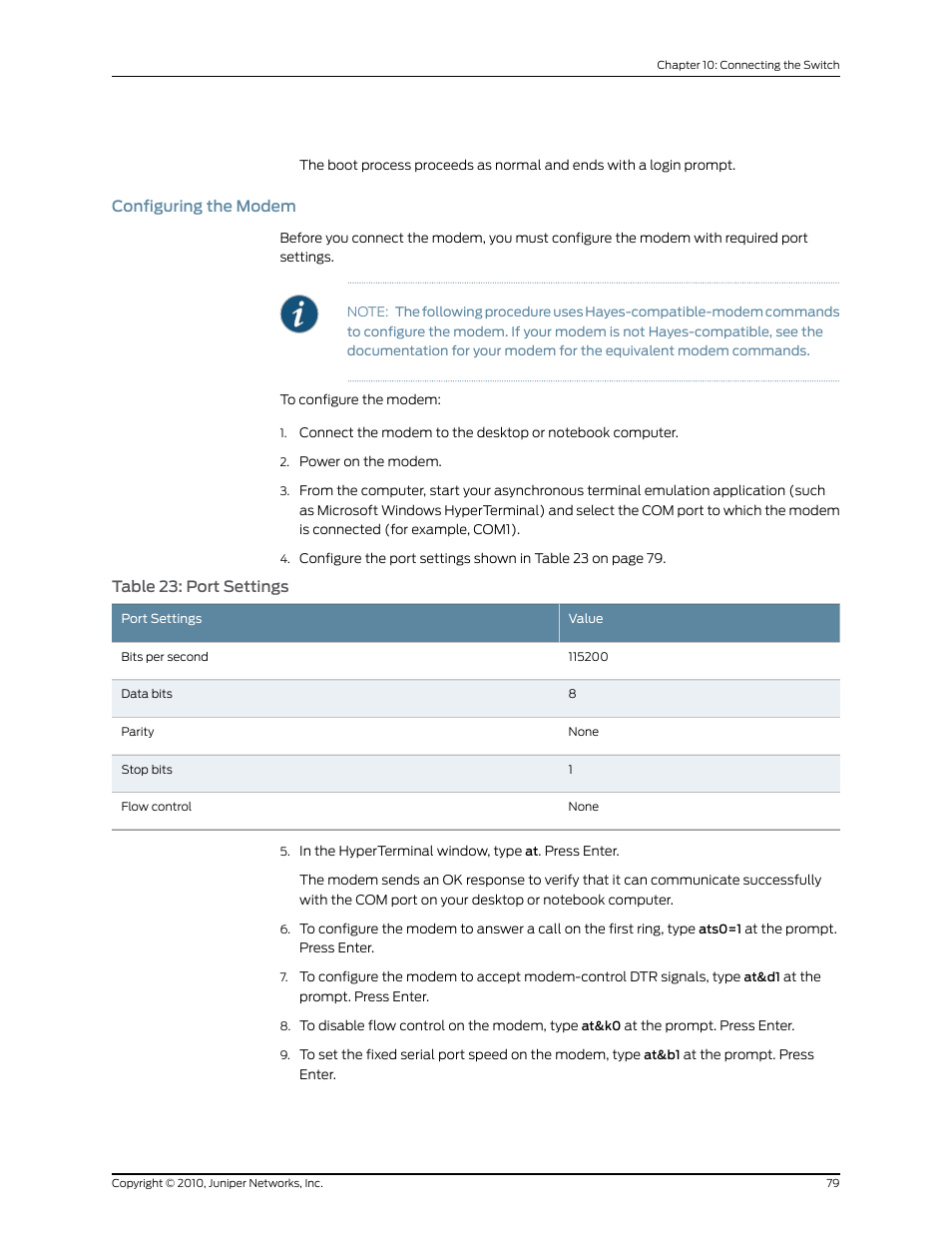 Configuring the modem, Table 23: port settings | Juniper Networks EX2200 User Manual | Page 99 / 176