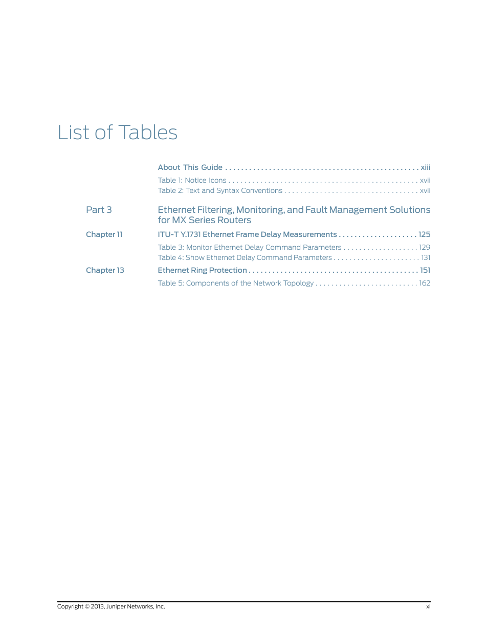 List of tables | Juniper Networks JUNOS OS 10.4 User Manual | Page 11 / 208