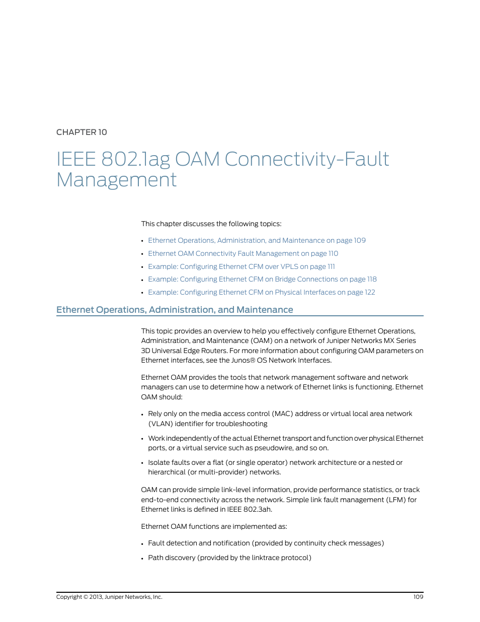 Chapter 10, Ieee 802.1ag oam connectivity-fault management | Juniper Networks JUNOS OS 10.4 User Manual | Page 129 / 208