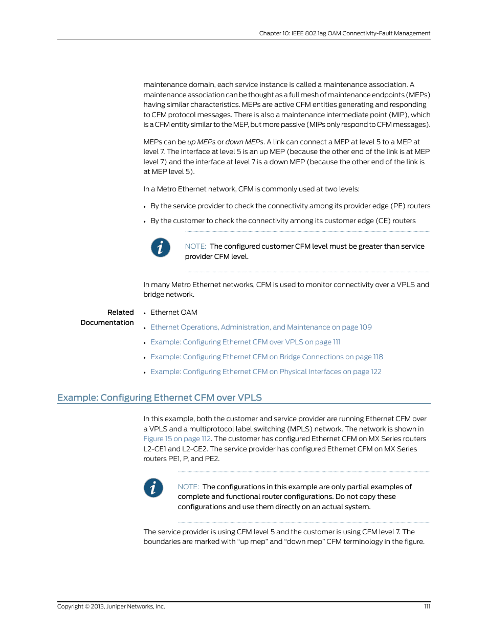 Example: configuring ethernet cfm over vpls | Juniper Networks JUNOS OS 10.4 User Manual | Page 131 / 208