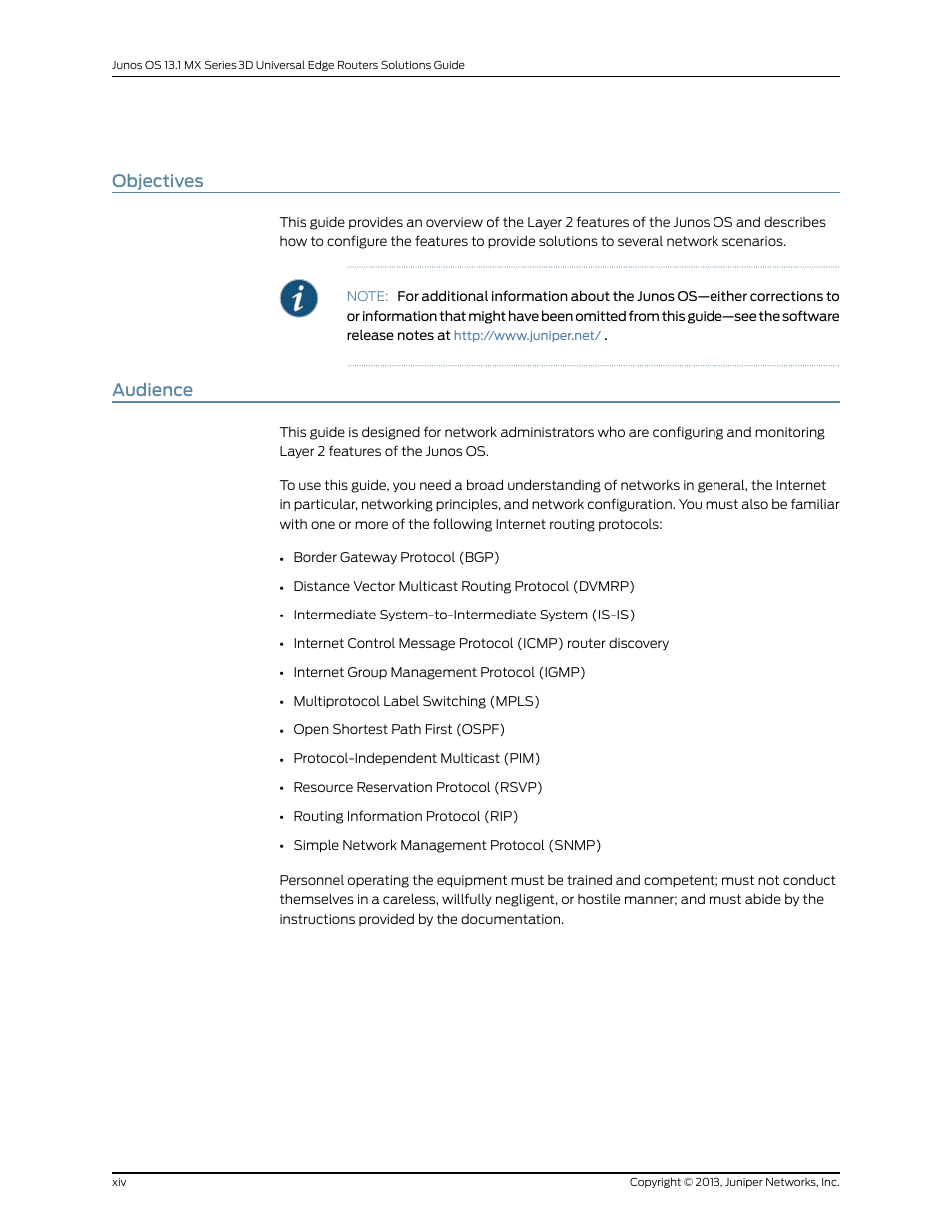 Objectives, Audience, Xiv audience | Juniper Networks JUNOS OS 10.4 User Manual | Page 14 / 208