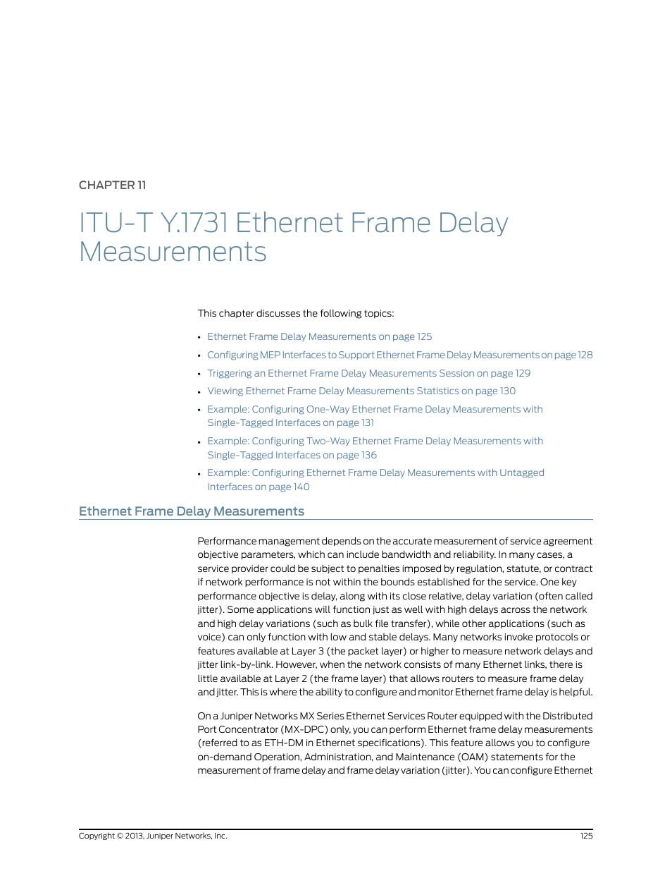 Ethernet frame delay measurements, Chapter 11, Itu-t y.1731 ethernet frame delay measurements | Juniper Networks JUNOS OS 10.4 User Manual | Page 145 / 208