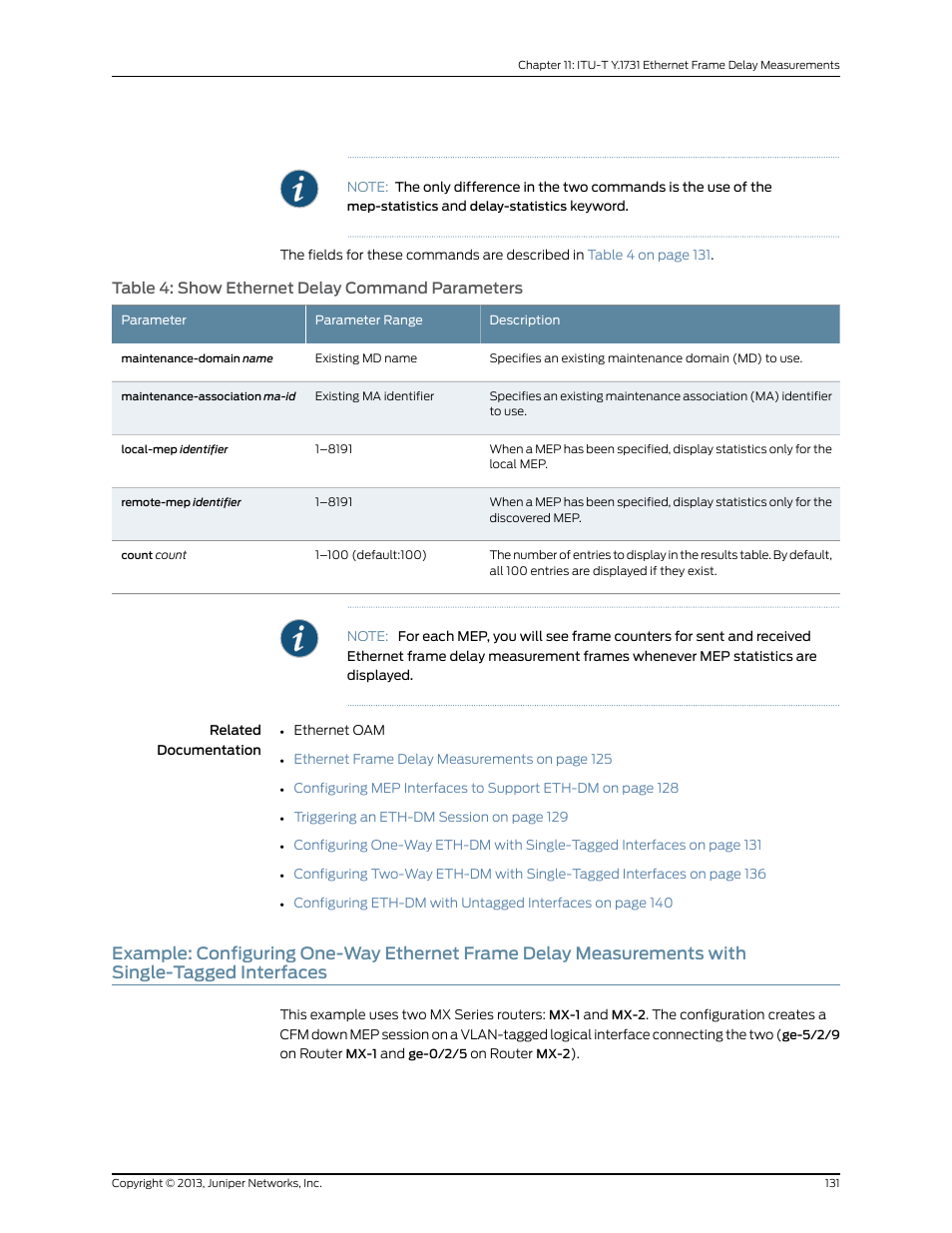 Single-tagged interfaces, Table 4: show ethernet delay command parameters | Juniper Networks JUNOS OS 10.4 User Manual | Page 151 / 208