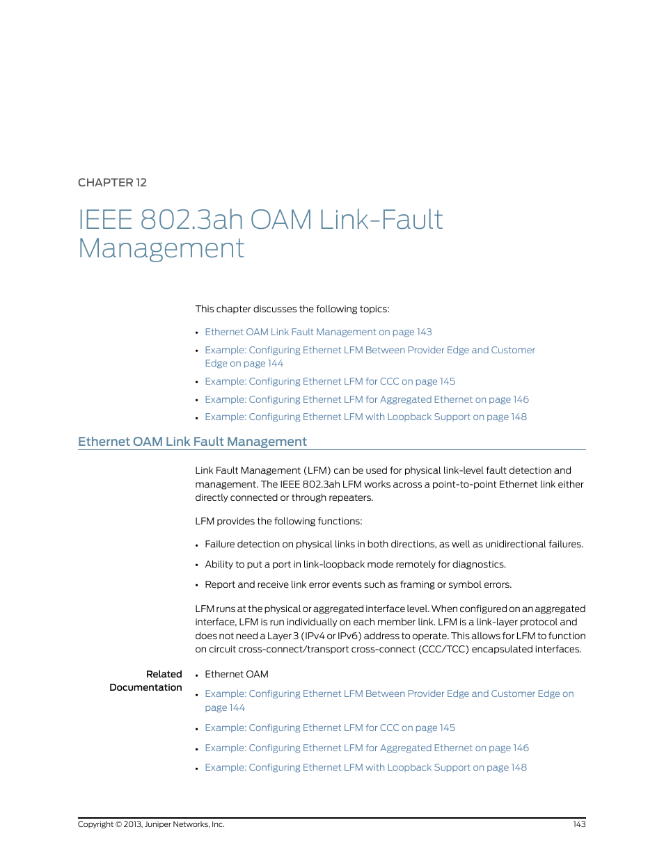 Chapter 12: ieee 802.3ah oam link-fault management, Ethernet oam link fault management, Chapter 12 | Ieee 802.3ah oam link-fault management | Juniper Networks JUNOS OS 10.4 User Manual | Page 163 / 208