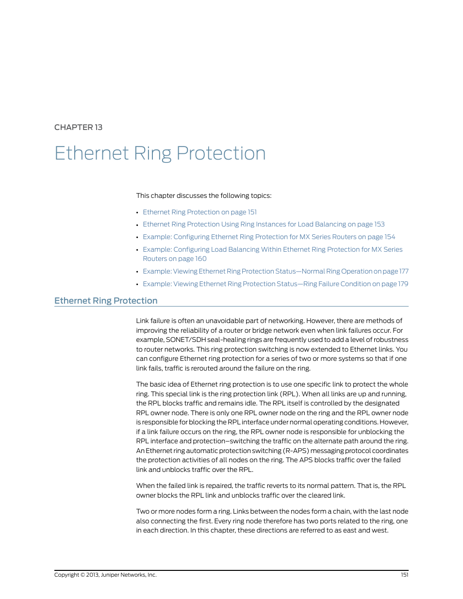 Chapter 13: ethernet ring protection, Ethernet ring protection, Chapter 13 | Juniper Networks JUNOS OS 10.4 User Manual | Page 171 / 208