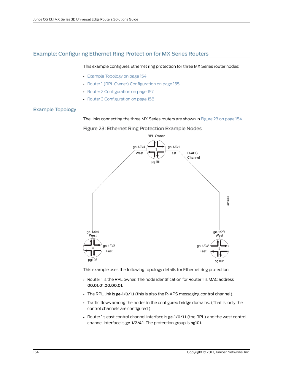 Example topology, Figure 23: ethernet ring protection example nodes | Juniper Networks JUNOS OS 10.4 User Manual | Page 174 / 208